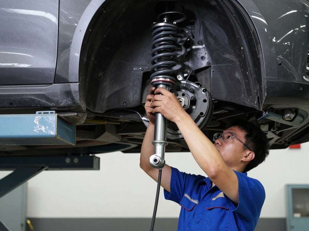 Mechanic replacing shock absorber on vehicle lift