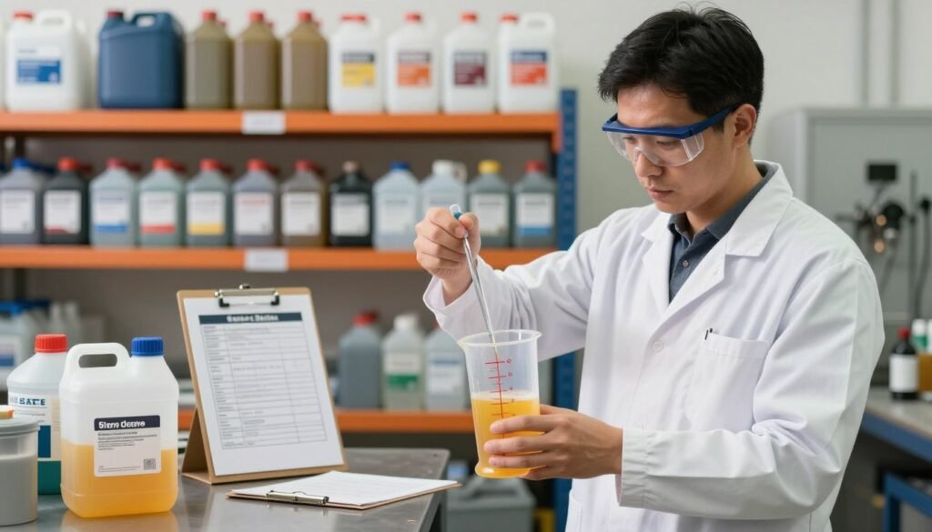 A clean, well-organized workshop environment dedicated to safe additive handling practices for diesel fuel. In the foreground, a professional in a lab coat and safety goggles carefully measures a diesel fuel supplement using a precise graduated cylinder, with a look of focus and diligence. The middle ground features various safe handling tools, such as spill-proof containers, labels, and a safety data sheet clip-board. To the rear, shelves stocked with clearly labeled containers of additives create an orderly atmosphere, with bright overhead lighting emphasizing cleanliness. The mood is serious yet reassuring, ensuring compliance with safety standards. Capture the scene with a shallow depth of field to focus on the professional's meticulous actions, with a warm color palette to evoke a sense of trust and professionalism.