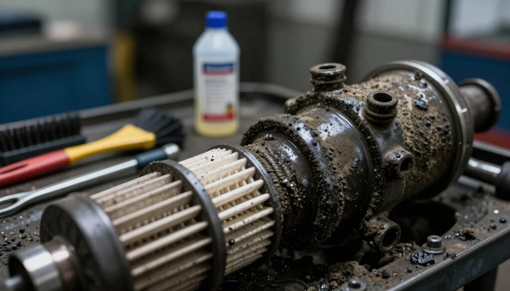 A close-up view of a DPF (Diesel Particulate Filter) and EGR (Exhaust Gas Recirculation) valve showing thick, dark carbon deposits. The foreground captures the intricate details of the soot-covered filters and valves, emphasizing the textured surface and accumulation of carbon buildup. In the middle ground, softly focused tools, such as brushes and solvents, suggest a maintenance scenario. The background presents a dimly lit garage environment, hinting at industrial elements with subtle highlights from overhead lights reflecting off metal surfaces. The overall mood is serious and technical, evoking the atmosphere of a workshop dedicated to automotive maintenance. The lighting is dramatic with sharp contrast, highlighting the contrasts between the clean and dirty areas.