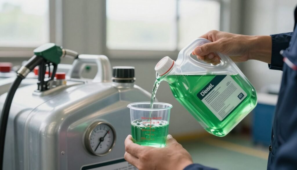 A close-up view of a clear, transparent container filled with a bright green diesel fuel supplement. The container is labeled with precise measurements indicating dosage guidelines. In the foreground, a hand in a professional business attire is pouring the supplement into a measuring cup, showcasing the dosage being added. The middle ground features a shiny diesel fuel tank with a visible gauge for fuel levels. The background is an industrial setting, with soft, natural lighting filtering through a large window, casting gentle shadows. The atmosphere conveys a sense of precision and professionalism, highlighting the importance of the correct treatment amount for diesel fuel. The overall composition is clear, focused, and devoid of any text or distracting elements.