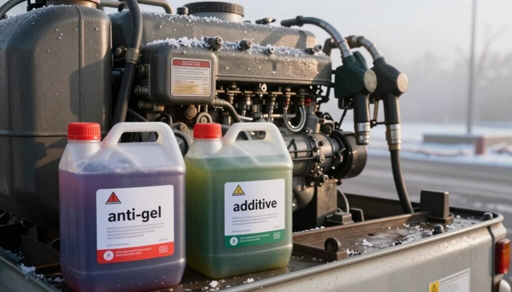 A close-up view of a diesel fuel tank outdoors, with an emphasis on misunderstandings in using diesel fuel anti-gel. In the foreground, there are two open containers labeled 'anti-gel' and 'additive' with visible, contrasting colors, indicating incorrect mixing ratios. The middle ground features a rugged diesel engine, showcasing condensation and a few faded warning labels. In the background, a chilly, foggy landscape hints at winter conditions, with frost on nearby trees and equipment, creating an atmosphere of caution. The sunlight is low, casting dramatic shadows and highlighting the textures of the metal surfaces. The overall mood is serious and instructive, emphasizing the importance of correct usage for optimal results.