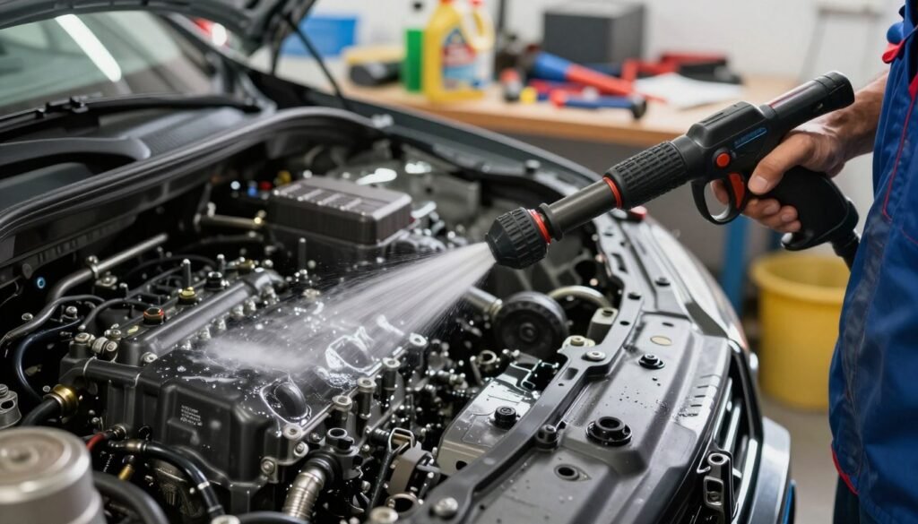 A close-up view of an engine being cleaned, showcasing common mistakes that can lead to problems. In the foreground, a technician in professional attire is using a pressure washer incorrectly, directing water towards sensitive electronic components, causing potential hazards. The middle ground features a partially disassembled engine with excessive water pooling around it, highlighting poor drainage practices. In the background, soft lighting creates a slightly chaotic workshop atmosphere, filled with tools and lubricants scattered around. The scene has a focus on clarity and detail, capturing the tension of the moment. Use a shallow depth of field with an angle that emphasizes the technician's action, illustrating the importance of careful engine cleaning techniques.