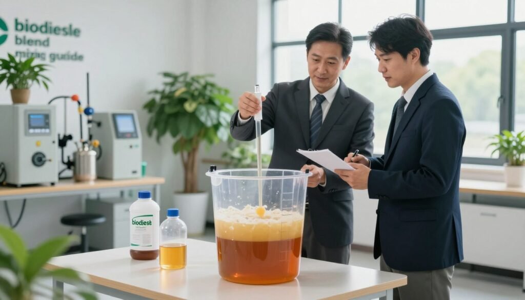 A detailed and informative image illustrating a "biodiesel blend mixing guide". In the foreground, a clear, labeled mixing container filled with distinct layers of low sulfur diesel and biodiesel, showcasing their blending process. In the middle ground, a pair of professionals in business attire, one demonstrating the mixing technique while the other observes, both engaged in a collaborative discussion about biodiesel. The background features a well-organized workspace with fuel blending equipment, vibrant green plants signifying sustainability, and a large window allowing natural light to stream in, creating a bright and welcoming atmosphere. The image should radiate a sense of professionalism and environmental consciousness, with a focus on clarity and detail in the blending process.