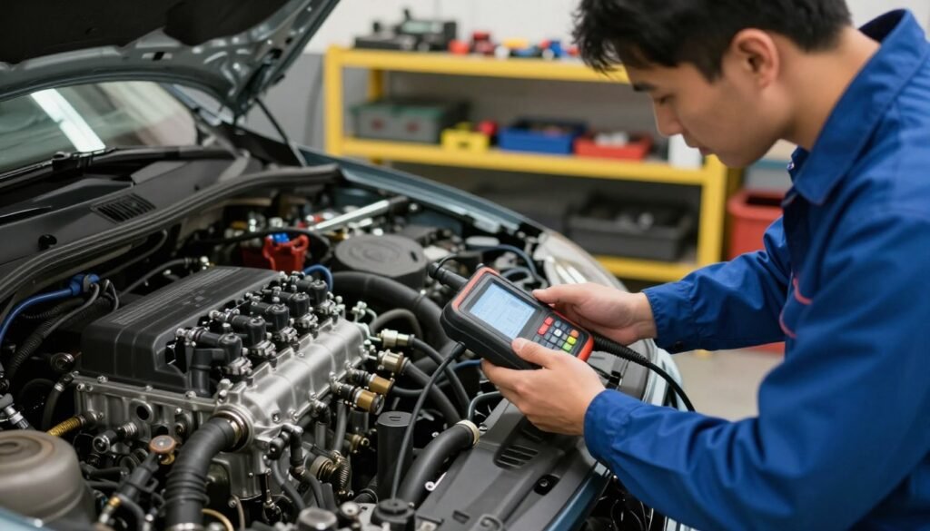 A detailed automotive workshop scene showcasing a mechanic inspecting an engine's fuel system and diagnostic tools. In the foreground, a focused mechanic wearing a blue jumpsuit examines fuel lines with a digital diagnostic scanner, illuminated by soft, overhead lighting. In the middle ground, a semi-disassembled engine is visible, revealing intricate components like fuel injectors and sensors. The background features shelves lined with tools and equipment, bathed in warm light to create a professional atmosphere. The mood is diligent and precise, highlighting the importance of safety and compatibility in vehicle service. Capture this scene with a slight angle to give depth, using a clear focus to emphasize the mechanic's meticulous work.