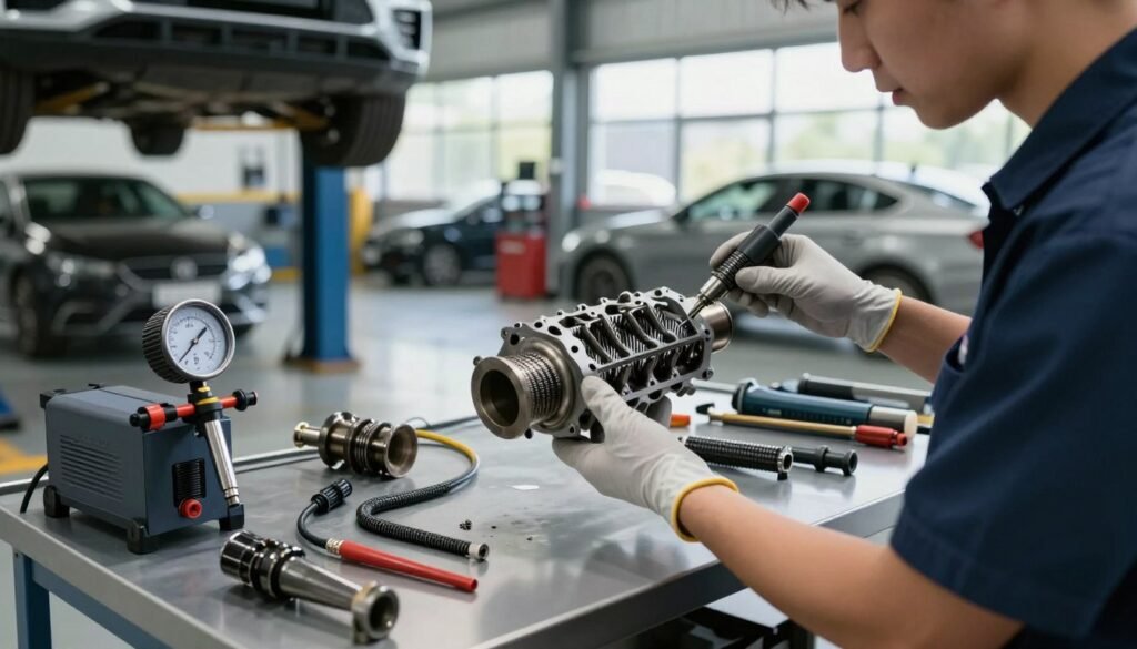 A detailed automotive workshop scene showcasing the impressive results of engine carbon cleaning. In the foreground, a technician in professional business attire examines a clean exhaust valve and a DPF component, highlighting their restored performance. The middle ground features an organized workbench cluttered with tools, a pressure gauge, and a carbon cleaning machine, all gleaming under bright, focused lighting. The background reveals an open garage with various cars and a large window allowing natural light to pour in, enhancing the atmosphere of a high-tech and efficient workspace. The entire scene conveys a sense of professionalism, precision, and innovation in automotive care, using a slightly elevated angle to capture the intricate details of the components. The mood is optimistic and technical, illustrating a successful cleaning process.