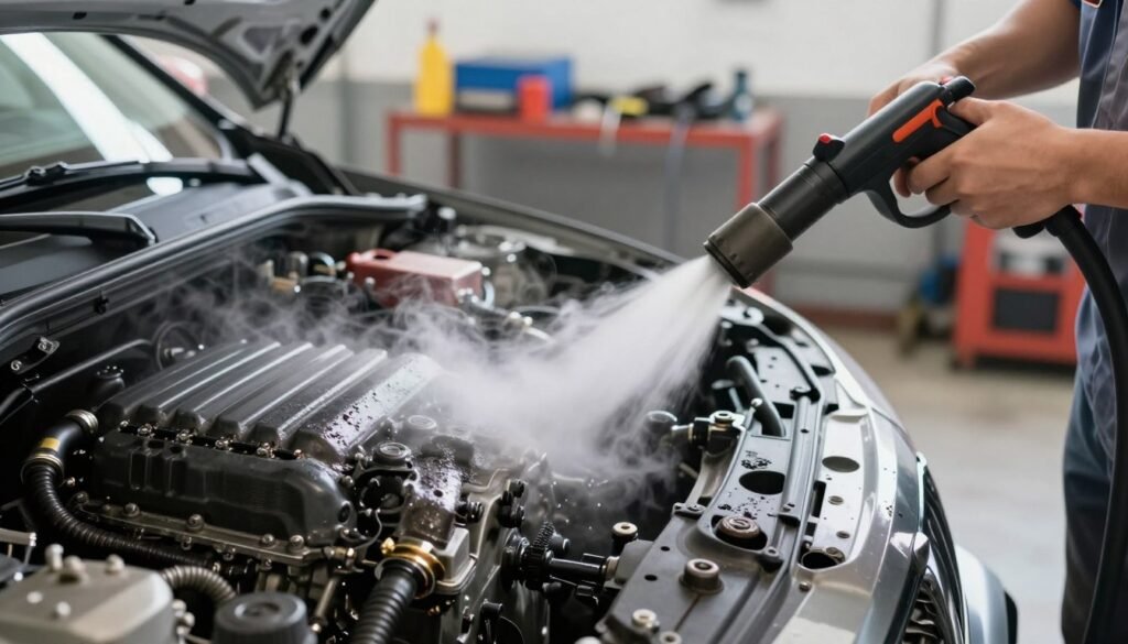 A detailed, close-up image of a car engine being steam cleaned using safe methods. In the foreground, a professional technician wearing a clean, modest uniform is using a high-pressure steam cleaner, focusing on a heavily soiled area of the engine. The steam billows dramatically around the engine, highlighting the process of removing grease and oil. The middle ground features the intricacies of the engine components, showcasing the contrast between clean and dirty surfaces. The background is a well-lit garage with tools neatly organized, creating an atmosphere of professionalism and safety. Soft, natural lighting enhances the scene, with a focus on the steam’s visibility, capturing the effectiveness of safe engine cleaning methods.