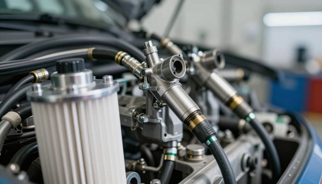 A detailed close-up of a diesel fuel system, showcasing components such as fuel filters, injectors, and lines, highlighting their protection by Power Service Diesel Fuel Supplement. In the foreground, the fuel filter is prominently featured, glistening with clarity under bright, even lighting. In the middle ground, the injectors and fuel lines are depicted with a polished metal sheen, demonstrating their efficiency and protection against corrosion. The background consists of a blurred industrial garage, hinting at a professional workshop atmosphere. A hint of soft lighting creates a calm and technical mood, emphasizing cleanliness and precision. The angle is slightly tilted to create depth, focusing on the dynamic interplay between the components and the protective aspect they embody.