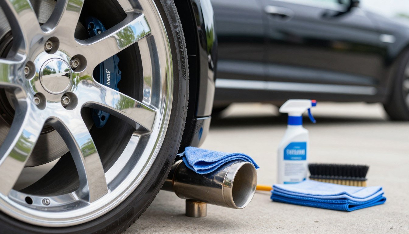 A detailed close-up scene showcasing chrome detailing techniques specifically for car wheels and exhaust tips. In the foreground, a pristine wheel with a shiny chrome rim is polished using a microfiber cloth, reflecting a vibrant blue sky and green foliage. Adjacent, an exhaust tip glimmers under soft, diffuse sunlight, revealing expert cleaning with a specialized chrome polish. The middle ground features a workspace setup with cleaning products such as chrome polish, brushes, and microfiber towels neatly arranged on a clean surface. The background has a blurred, luxurious car, emphasizing a high-quality finish. Capture this scene with bright, natural lighting and a shallow depth of field to ensure focus on the detailing process, creating a fresh and professional atmosphere.