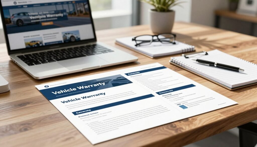 A detailed flat lay arrangement of a vehicle warranty mailer and coverage review documents on a wooden office desk. In the foreground, the mailer prominently displays sleek graphics and an enticing offer, with sections outlined to highlight vehicle protection plans. The middle ground features an open laptop showing a website comparing warranty services, alongside a pen and notepad for notes. The background contains softly blurred images of a car and an office environment, creating a professional atmosphere. Natural light filters through a nearby window, casting gentle shadows, while a warm color palette enhances the inviting feel. The scene should evoke trust and professionalism, suitable for a comprehensive analysis.