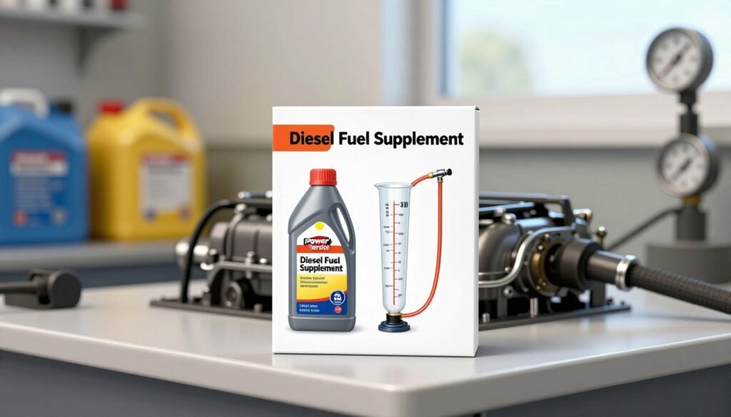 A detailed illustration of a neatly organized workstation featuring a clear dosage guide for Power Service Diesel Fuel Supplement, positioned prominently in the foreground. The guide should display vibrant visuals of the supplement bottle alongside precise measuring tools like a graduated cylinder and a fuel line, emphasizing the correct dosage per gallon. In the middle ground, an engine component can be glimpsed, hinting at the supplement's application. The background should depict a soft-focus workshop setting with well-organized fuel containers, oil gauges, and a subtle hint of natural light streaming through a window, creating a clean and professional atmosphere. The overall mood should convey reliability and precision, capturing the essence of product usage in a technical context, all while maintaining a harmonious and visually appealing composition.