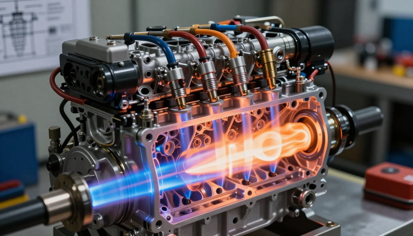 A detailed, illustrative view of an HHO gas engine in action, focusing on the combustion process. In the foreground, a transparent engine block reveals the dynamic interaction of HHO gas flames with air, producing vibrant shades of blue and orange as combustion occurs. The middle ground features components like fuel injectors, spark plugs, and reinforced metal parts highlighting advanced engineering. The background shows a workshop setting with technical schematics and tools, softly blurred to emphasize the engine. Bright, focused lighting illuminates the engine's interior, creating a dramatic contrast against the darker workshop environment. The atmosphere conveys innovation and efficiency, showcasing the potential of HHO gas supporting combustion in engines.