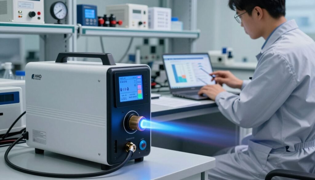 A detailed laboratory setting showcasing an HHO gas fuel savings test. In the foreground, a sleek, modern HHO generator is prominently displayed, connected to a car engine. The generator emits a blue flame, symbolizing hydrogen energy, while digital display gauges show fuel consumption metrics and emissions data. In the middle ground, a technician wearing professional attire examines results on a laptop, surrounded by charts and graphs related to fuel efficiency. The background features shelves filled with technical equipment and manuals, illuminated by bright, focused laboratory lighting. The atmosphere is serious and professional, emphasizing innovation and sustainability in fuel technology, with a cool color palette to reflect the scientific environment. The angle captures both the generator and technician, creating a dynamic and informative composition.