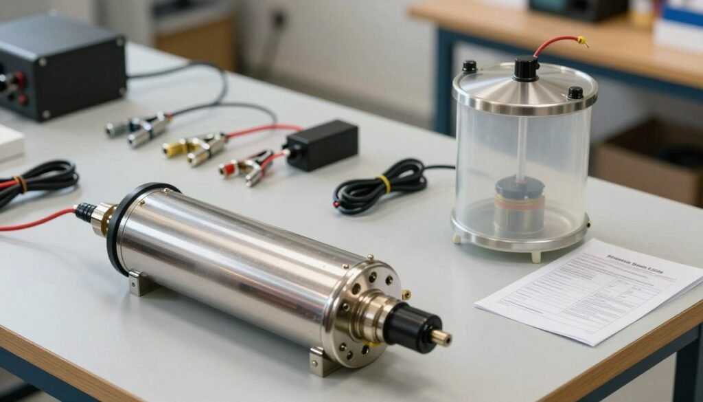 A detailed layout of an HHO generator kit on a workbench, showcasing essential components such as the electrolyzer, gas collection container, and various tubing and wiring. The foreground should prominently feature the electrolyzer, with polished metal surfaces reflecting soft, overhead lighting that creates a clean, professional ambiance. In the middle, include neatly organized components such as clamps, power supply connections, and a manual for installation guidance. The background should display a simple, blurred workshop setting filled with tools, providing context without distraction. The overall mood is technical and educational, illuminated in natural daylight to enhance clarity, using a slightly elevated angle to capture all details effectively. No human figures are present in the image.