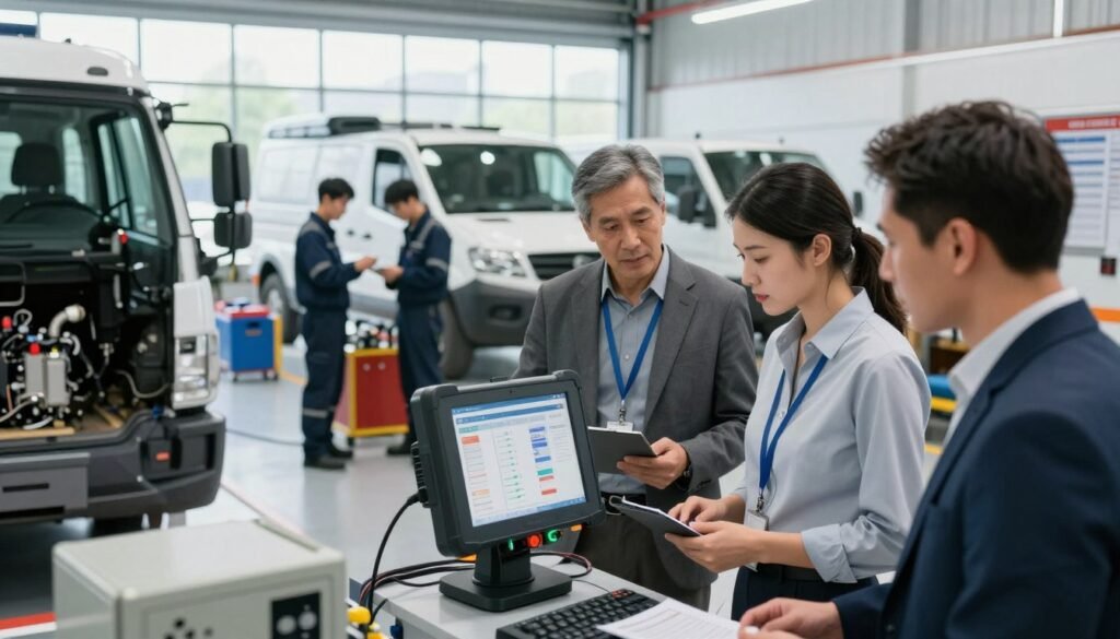 A detailed preventive maintenance diagnostic scene set inside a modern fleet maintenance facility. In the foreground, a diverse group of professionals, dressed in smart business attire, closely examines a digital diagnostic tool connected to a fleet vehicle, showcasing clear metrics on fuel consumption and engine efficiency. In the middle ground, various vehicles are being serviced, with technicians wearing safety gear methodically checking systems, using tools and equipment. The background features large windows allowing natural light to flood in, illuminating the clean, organized space filled with maintenance tools and charts detailing maintenance schedules. The ambiance is professional and focused, emphasizing teamwork and efficiency, rendered in high detail with a slight depth of field to isolate the professionals from the backdrop, capturing a moment of collaboration in preventive vehicle maintenance.