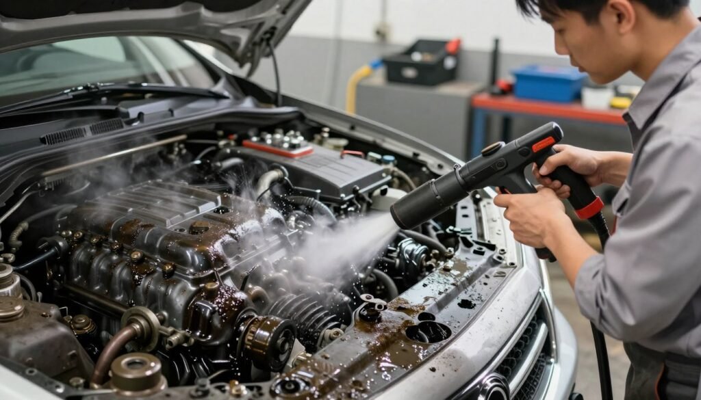 A detailed scene of an engine steam cleaning process, showcasing heavy oil and grease buildup being lifted away. In the foreground, display a professional technician in clean, modest work attire, operating a steam cleaning machine with visible steam and water vapor rising. The middle ground features a close-up view of a car engine, heavily coated with dark, greasy dirt, while the steam nozzle is directed at the most soiled areas, and droplets of cleaner are visibly in the air. The background should have a garage setting with various tools and equipment, slightly out of focus to keep attention on the steam cleaning process. The lighting is bright and clinical, highlighting the contrast between clean and dirty surfaces, evoking a sense of renewal and efficiency. The angle is slightly from above, capturing the technician's focused expression as they work.