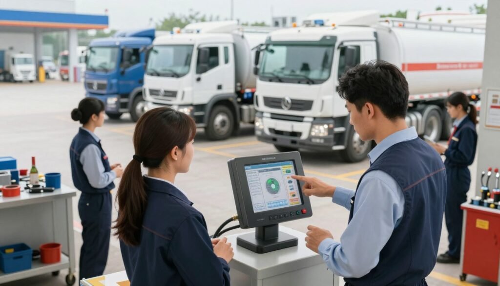 A detailed view of a fleet fuel management system in action, featuring a team of professionals in business attire monitoring fuel levels and conducting preventive maintenance. In the foreground, a man checks fuel metrics on a digital display, while a woman inspects a truck's fuel tank. In the middle ground, fuel trucks are parked, complemented by clearly labeled fuel storage tanks. The background reveals a well-organized fueling station under soft, natural lighting, with maintenance tools neatly arranged on a workbench. The atmosphere feels efficient and focused, emphasizing a proactive approach to fleet operations that minimizes downtime. The image captures a blend of technology and teamwork in a clean, industrial setting, showcasing management strategies effectively.