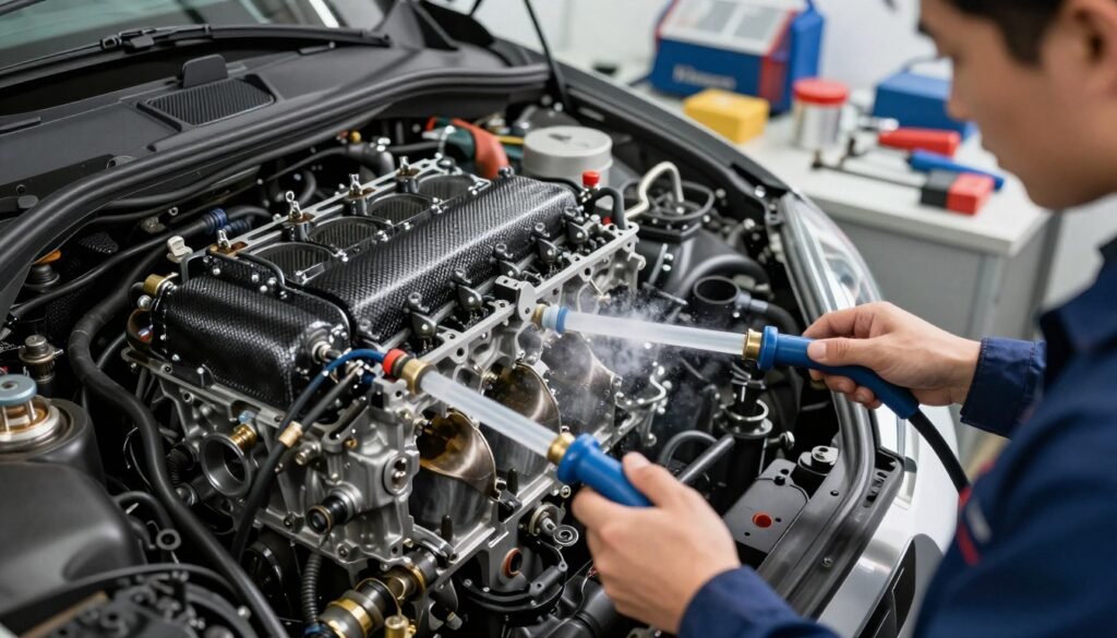 A detailed view of an HHO (Hydrogen-Hydroxide) engine carbon cleaning process, showcasing the complex inner workings of a car engine. In the foreground, a mechanic in professional attire examines the engine components, highlighting the hydrogen gas being injected into the cylinders. The middle layer features the engine block, with valves and DPF (Diesel Particulate Filter) visibly affected by carbon buildup, while wisps of hydrogen bubbles indicate the cleaning action. In the background, tools and equipment are arranged in an organized manner in a well-lit workshop. Soft overhead lighting casts a clear focus on the engine, creating a professional and informative atmosphere, shot from a slightly raised angle to capture depth.