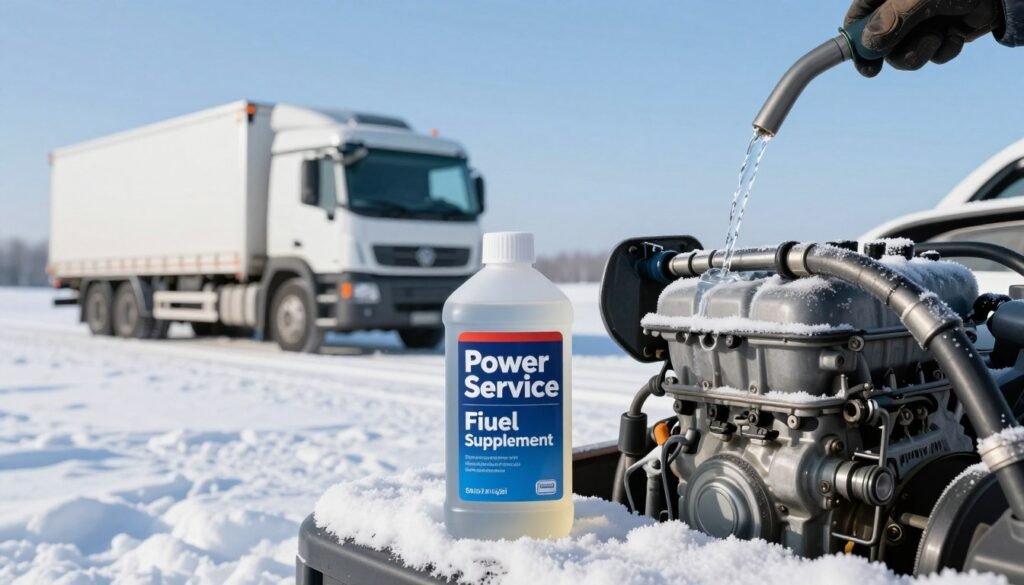 A dynamic winter scene showcasing the benefits of diesel fuel supplements. In the foreground, highlight a bottle of Power Service Diesel Fuel Supplement, with the label clearly visible, placed on a snowy surface. Nearby, demonstrate an engine with visible frost, showing the supplement being poured into a fuel tank, emphasizing its anti-gel properties. The middle ground should include a snow-covered landscape, with a transport truck in the process of starting up, showcasing how the supplement aids in cold weather performance. In the background, a clear blue sky contrasts the icy environment, infusing a sense of clarity and renewal. Use soft, natural lighting to enhance the wintry atmosphere and emphasize the importance of winter preparedness for diesel engines.