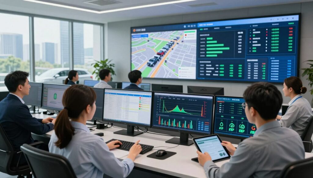 A modern fleet management control room, featuring a diverse group of fleet managers and drivers in professional attire, analyzing driver feedback and fuel efficiency data on multiple digital screens. In the foreground, a woman points at a graph displaying fuel consumption metrics, while a man next to her notes insights on a tablet. In the middle ground, large displays showcase real-time fleet location and status updates, with vibrant green and blue colors representing optimal fuel performance. The background is filled with cityscape imagery through large windows, bathed in natural light, reflecting a sense of operational efficiency. The atmosphere is focused and collaborative, suggesting innovation and teamwork in fleet management.
