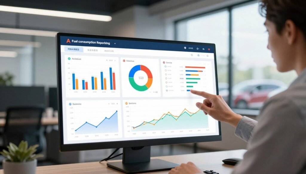 A modern fuel consumption reporting dashboard displayed on a sleek digital screen in an office environment. The foreground features a user in professional business attire, analyzing various colorful charts and graphs that indicate fuel usage trends, costs, and efficiency metrics. In the middle, the dashboard showcases real-time data visualizations, including bar graphs, pie charts, and line graphs, conveying insights into fleet performance. The background reveals a contemporary office space with soft ambient lighting, large windows letting in natural light, and a view of vehicles parked outside, hinting at the fleet's operational context. The atmosphere is focused and analytical, reflecting a data-driven approach to controlling costs and improving performance.