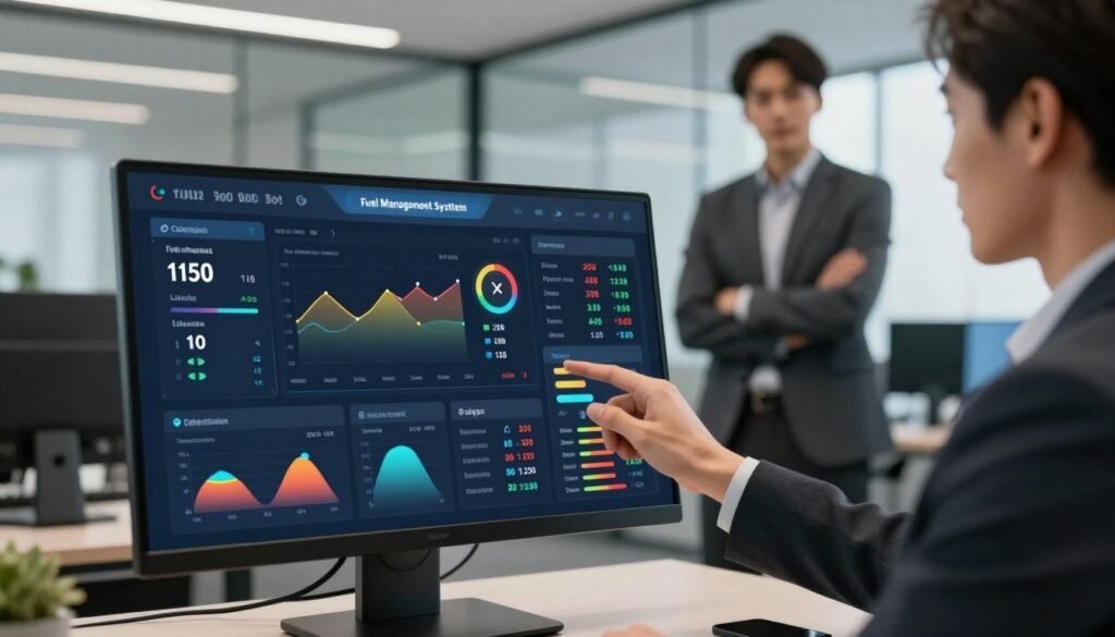 A modern fuel management system dashboard displayed on a sleek, high-resolution touchscreen monitor. In the foreground, the dashboard features vibrant, colorful graphs and real-time data metrics, including fuel levels, consumption rates, and fleet status, all organized in user-friendly widgets. The middle ground shows a professional businessperson in formal attire, intently analyzing the data, with a confident posture and focused expression. In the background, a well-lit office environment with contemporary design elements, glass partitions, and high-tech devices creates a sophisticated atmosphere. Soft, natural lighting highlights the dashboard, adding a touch of modernity and efficiency to the scene. Aim for a clear, professional tone that emphasizes advanced technology and operational excellence, ensuring no text or branding is visible.