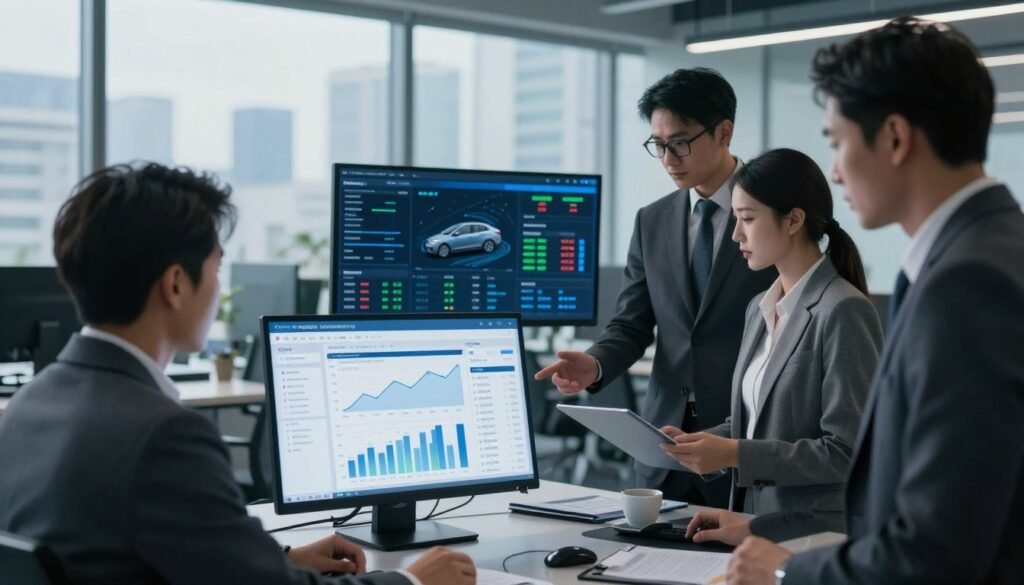 A modern office environment showcasing fuel reporting and operational control. In the foreground, a diverse group of three professionals in business attire analyze data on a sleek touchscreen interface, displaying graphs and fuel metrics. The middle ground features a digital dashboard with live fuel consumption data, integrating various fleet monitoring systems. The background reveals large windows with a view of a cityscape, illuminated by soft, natural light. A sense of focus and collaboration permeates the scene, enhanced by a cool color palette of blues and greys. The atmosphere is professional and high-tech, capturing the essence of effective fleet and fuel management. The composition is dynamic, viewed from a slightly elevated angle to emphasize the interaction with technology.
