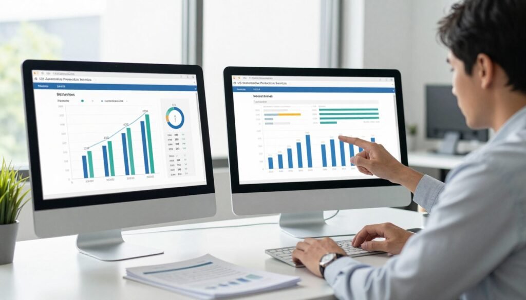 A professional, modern office setup featuring a well-organized desk with a computer displaying a graph illustrating BBB ratings and complaint history for US Automotive Protection Services. In the foreground, a focused business person in smart attire is analyzing the data on the screen, with a concerned expression. The middle ground includes a few documents and a potted plant, adding a touch of greenery, while the background shows a large window with natural daylight streaming in, creating a bright and transparent atmosphere. The image captures a serious yet informative mood, emphasizing analysis and scrutiny. The desk should be sleek and minimalistic, ensuring clarity of the computer's display without any distracting elements.