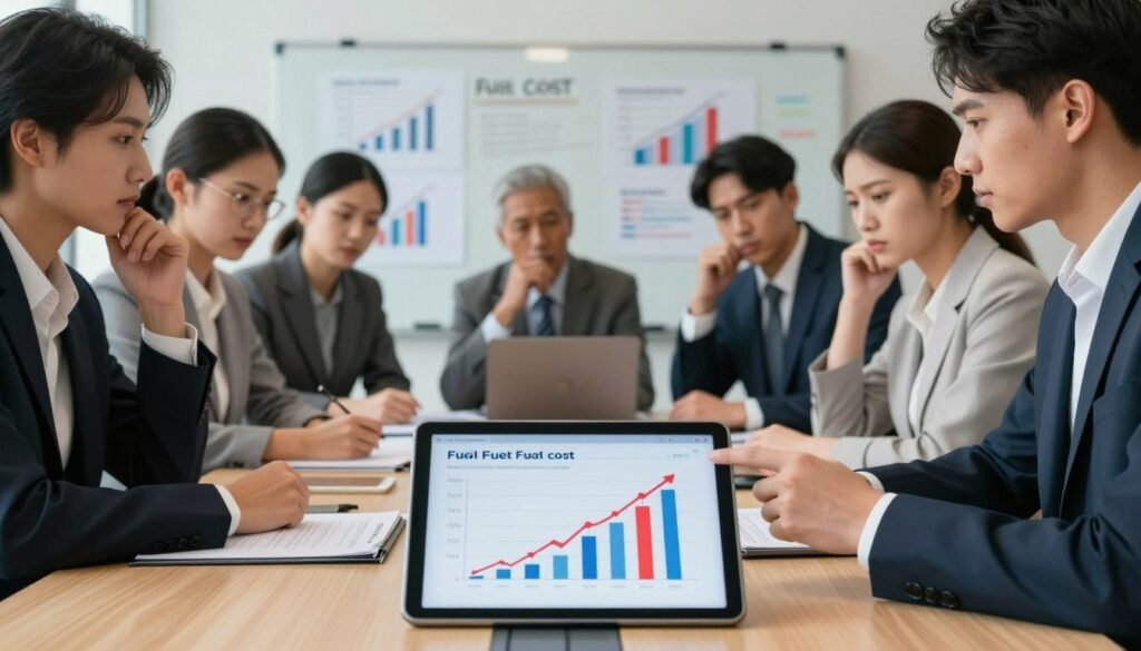 A professional office setting with a diverse group of business professionals in business attire analyzing fuel cost reports around a large conference table. The foreground features a close-up of a digital tablet displaying a chart with rising costs and highlighted mistakes in red. In the middle, several individuals are engaged in discussion, pointing at the tablet, reflecting concern and exploration. The background shows a large whiteboard filled with graphs and notes about fuel management strategies. The lighting is bright and focused, creating a serious atmosphere, with soft shadows enhancing the details of the room. The overall mood is one of urgency and teamwork, emphasizing the importance of addressing common mistakes in fuel management.
