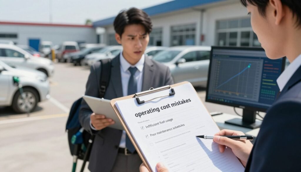A professional setting illustrating "operating cost mistakes," focused on a fuel management scenario. In the foreground, a clipboard with a checklist showing common mistakes like "Inefficient fuel usage" and "Poor maintenance schedules." In the middle ground, a confused business professional in smart business attire analyzing fuel consumption reports while glancing at a digital monitor displaying rising costs. The background showcases a busy fleet yard with vehicles refueling, emphasizing operational challenges. The lighting is bright, simulating a sunny day, casting subtle shadows, and ensuring clarity. The lens is slightly zoomed to create a dynamic perspective, capturing the atmosphere of urgency and the importance of proper fuel management.
