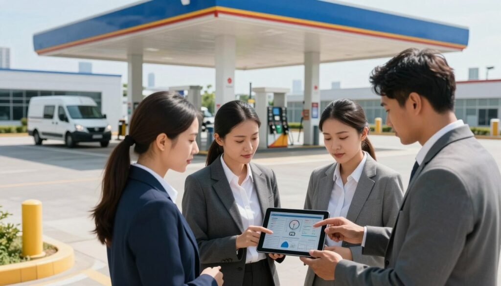 A professional setting showcasing a commercial fleet fuel management operation. In the foreground, a diverse group of three professionals, dressed in business attire, analyzes data on a digital tablet with fuel gauges in the background. The middle ground features a modern gas station with multiple fuel pumps, a clean, organized fleet of commercial vehicles parked nearby, and a large digital board displaying fuel prices and analytics. The background shows a clear blue sky with a distant city skyline. The lighting is bright and natural, enhancing the atmosphere of efficiency and professionalism, with a slight focus on the data being reviewed to emphasize meticulous management practices.