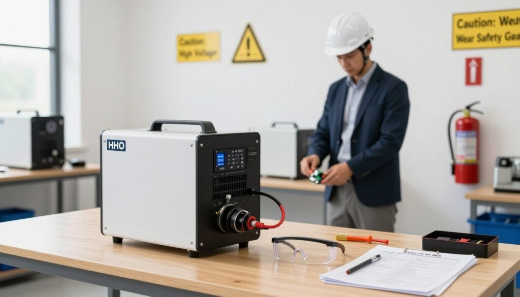 A professional workshop setting featuring a safely installed HHO generator unit. In the foreground, highlight a well-organized workbench with safety goggles, tools, and a checklist outlining installation safety protocols. The middle-ground shows a technician wearing a safety helmet and business attire, carefully inspecting the HHO generator connections. In the background, capture various safety signage like "Caution: High Voltage" and "Wear Safety Gear" on the workshop walls, along with a fire extinguisher mounted prominently. Bright, natural lighting illuminates the scene, creating a clean and safe atmosphere, while a wide-angle lens emphasizes the workspace's organized layout. The overall mood should convey professionalism, safety awareness, and diligence in HHO generator installation.