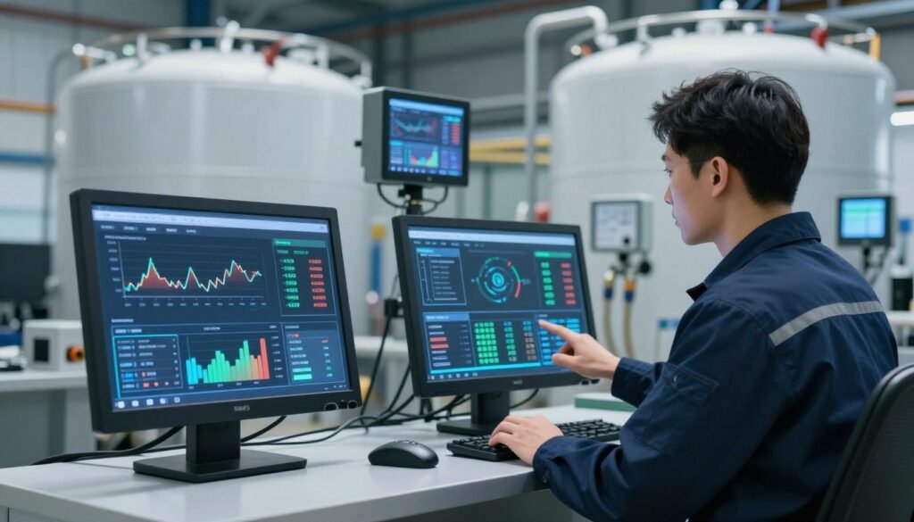 A sophisticated fuel waste detection system in an industrial setting, showcasing advanced technology. In the foreground, a high-tech dashboard displays real-time fuel data and analytics, with clear graphs and indicators. In the middle, a technician in professional business attire, analyzing the data on the screen, surrounded by sleek equipment. The background features fuel tanks and monitoring devices, all illuminated by bright, focused lighting that creates a clean, efficient atmosphere. A subtle glow from digital displays enhances the high-tech feel. The image captures a sense of precision and innovation, emphasizing the importance of identifying fuel waste in fleet and fuel management services.