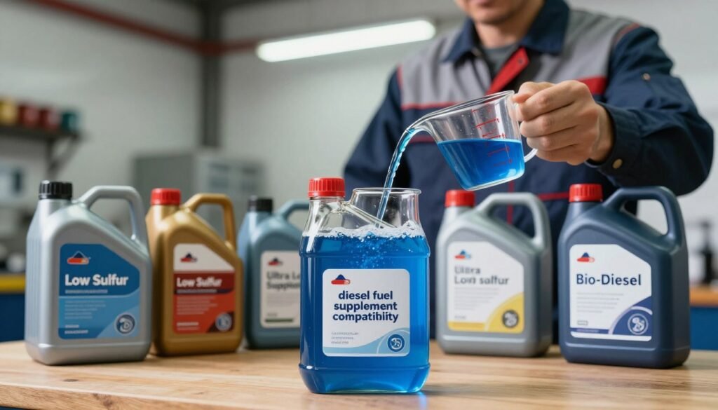 A visually informative scene depicting the concept of "diesel fuel supplement compatibility." In the foreground, a clear glass fuel container filled with a vibrant blue diesel fuel supplement is placed on a wooden table, surrounded by various types of diesel fuel containers labeled as "Low Sulfur," "Ultra Low Sulfur," and "Bio-Diesel." The middle ground features a mechanic in professional attire, examining the fuel containers with interest, while holding a clear measuring cup to demonstrate the supplement measurement per gallon. In the background, a workshop setting with tools and bright overhead lighting creates a productive atmosphere, highlighting the importance of fuel compatibility. The overall mood is one of expertise and clarity, aimed at educating readers about using diesel fuel supplements effectively.