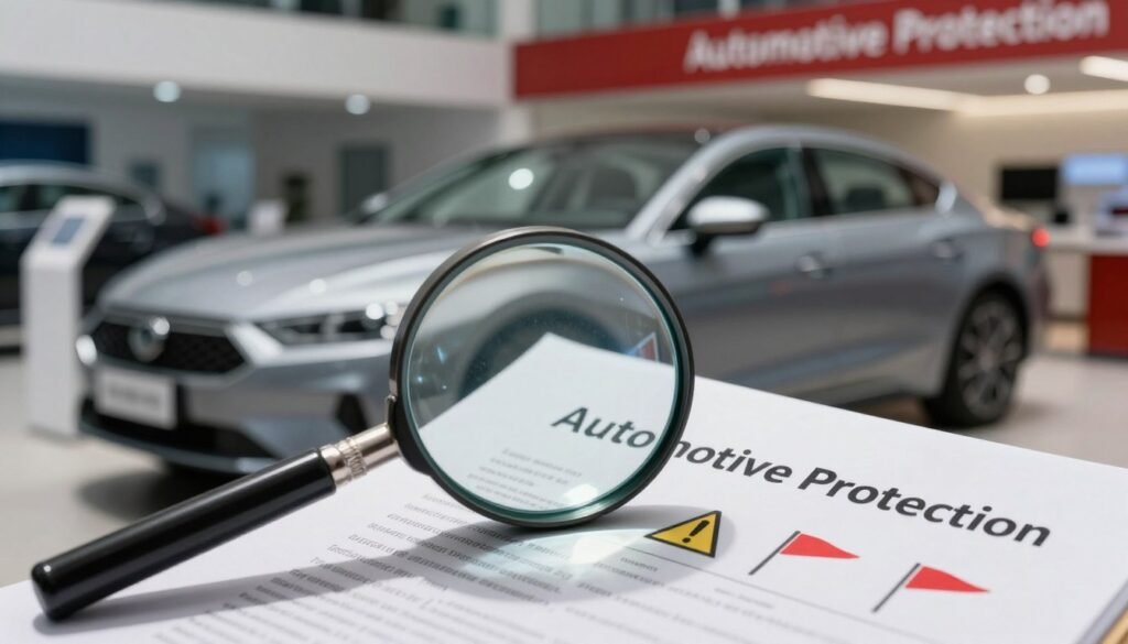 A visually striking image illustrating "automotive protection red flags." In the foreground, a magnifying glass emphasizes a document titled “Automotive Protection” with highlighted sections that display warning symbols like exclamation marks and red flags. The middle ground features a sleek, modern car partially obscured, symbolizing the focus on automotive services. In the background, blurred images of a car dealership and service center suggest the context of the automotive industry. Lighting is bright and slightly dramatic, casting shadows that enhance the cautionary mood. The angle is slightly tilted to evoke urgency and alertness. Overall, the atmosphere conveys a sense of vigilance and scrutiny, perfect for highlighting potential issues in automotive protection services.