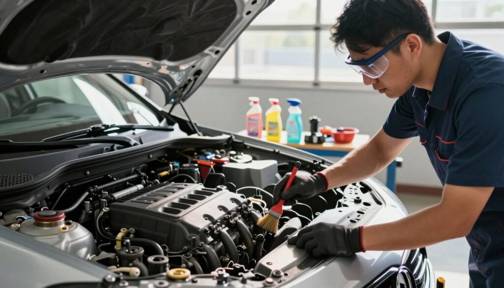 A well-lit automotive engine bay, showcasing a meticulous cleaning process. In the foreground, a professionally dressed technician wearing safety goggles and gloves uses a brush to clean the engine components, emphasizing safety gear. In the middle, various tools and degreasers are neatly organized on a workbench, highlighting best practices for effective cleaning without causing damage. The background features a sleek car with its hood raised, illuminated by natural sunlight filtering through a garage window, creating a dynamic atmosphere of diligence and care. The scene conveys a sense of professionalism and safety, urging viewers to adopt proper techniques in engine bay maintenance while avoiding common mistakes.