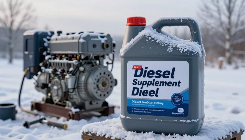 A winter scene showcasing a container of Power Service Diesel Fuel Supplement, prominently displayed in the foreground with frost and snowflakes adorning its label. In the middle ground, a diesel engine partially uncovered, with various tools scattered nearby, hints at maintainers preparing for cold weather use. The background features a snowy landscape with leafless trees and a soft, gray sky signaling a chilly day. The lighting is cool and natural, emulating an overcast winter day, casting gentle shadows. A close-up angle captures the texture of the snow and frost, creating a crisp and clear atmosphere, highlighting the importance of winter anti-gel treatment for diesel fuel. No human figures are present, ensuring focus remains on the subject.
