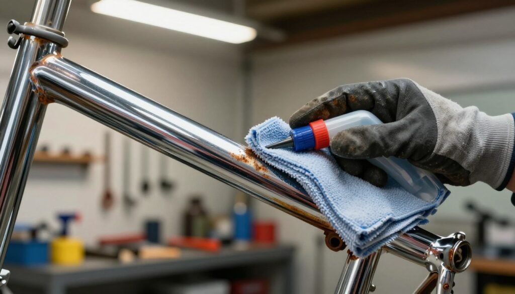 A close-up image depicting a hand holding a specialized chrome cleaner and a soft cloth, actively removing rust and oxidation from a gleaming chrome surface. The foreground features the hand in a professional-looking glove, gently buffing a rust-stained chrome bicycle frame with visible specks of rust and oxidation. In the middle ground, the shiny chrome begins to reveal a mirror-like finish, reflecting details of the surroundings. The background is softly blurred, showcasing a well-lit garage or workshop environment with tools organized neatly. Warm overhead lighting casts a glow on the chrome and enhances the detail, creating a clean and industrious atmosphere, evoking a sense of restoration and care.