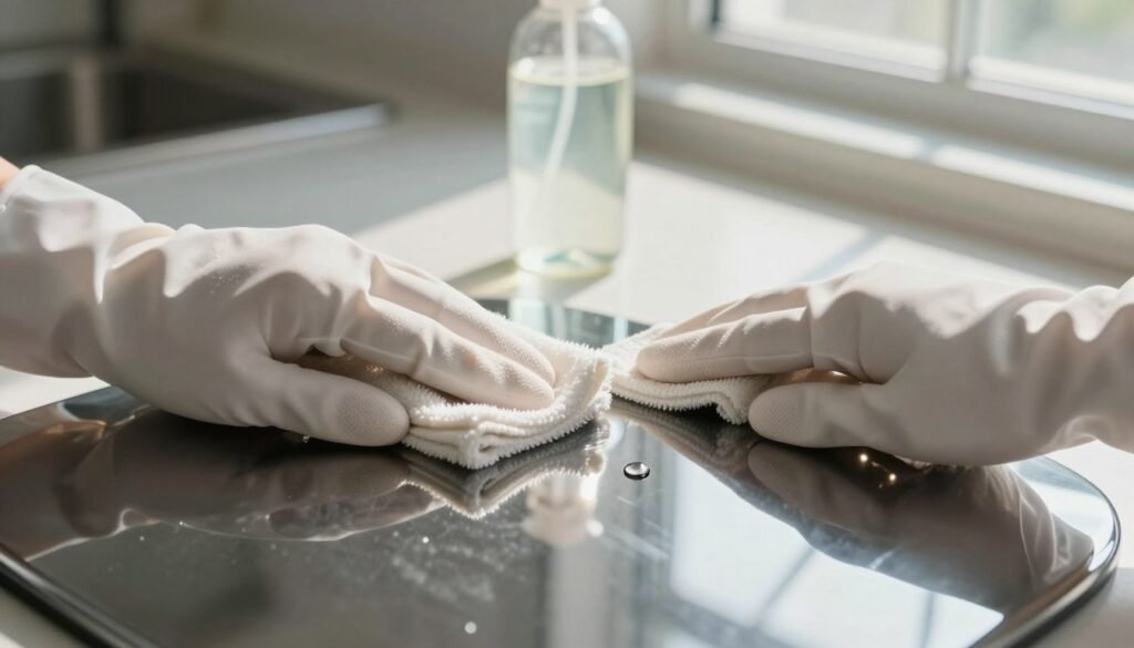 A close-up view of a pristine chrome surface being gently cleaned using a safe method. In the foreground, a pair of hands wearing soft cotton gloves holds a microfiber cloth, carefully polishing the chrome with a gentle, circular motion. The shiny chrome reflects small bursts of sunlight, showcasing its mirror-like quality. In the middle ground, a bottle of a non-abrasive cleaning solution sits on a clean countertop, with a few drops of the liquid glistening in the light. The background features a softly focused kitchen setting with natural sunlight filtering through a nearby window, casting soft shadows. The mood is serene and focused, emphasizing the careful attention given to the chrome restoration process. The angle is slightly overhead, capturing both the action and the gleaming surface.
