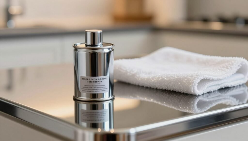 A close-up view of chrome polish in a canister, aesthetically placed on a polished chrome surface reflecting a perfect mirror-like finish. In the foreground, the canister is shiny and sleek with a detailed label, surrounded by a soft, diffused light that highlights its metallic sheen. In the middle ground, a microfiber cloth glistens, partially resting on the polished surface, ready for application. The background features a softly blurred kitchen setting, enhancing the focus on the chrome polish and surface without distractions. The lighting is warm and inviting, casting subtle reflections that emphasize the cleanliness and shine, evoking a sense of satisfaction and professionalism in restoring chrome surfaces.