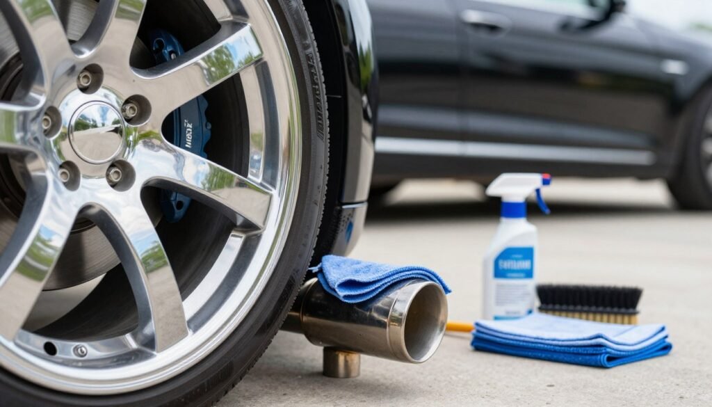 A detailed close-up scene showcasing chrome detailing techniques specifically for car wheels and exhaust tips. In the foreground, a pristine wheel with a shiny chrome rim is polished using a microfiber cloth, reflecting a vibrant blue sky and green foliage. Adjacent, an exhaust tip glimmers under soft, diffuse sunlight, revealing expert cleaning with a specialized chrome polish. The middle ground features a workspace setup with cleaning products such as chrome polish, brushes, and microfiber towels neatly arranged on a clean surface. The background has a blurred, luxurious car, emphasizing a high-quality finish. Capture this scene with bright, natural lighting and a shallow depth of field to ensure focus on the detailing process, creating a fresh and professional atmosphere.