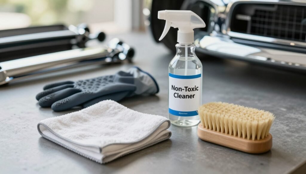 A well-organized arrangement of safe detailing tools suitable for restoring tarnished chrome. In the foreground, display a high-quality microfiber cloth, specialty chrome polish, and a soft-bristle brush, all designed for vehicle maintenance, showcasing their texture and color. The middle section includes a pair of rubber gloves and a spray bottle with a clear label indicating “Non-Toxic Cleaner,” emphasizing the focus on safety. In the background, a blurred workspace with chrome car parts reflecting a soft, natural lighting that highlights their shiny surfaces. The overall atmosphere is clean and professional, invoking a sense of trust and expertise. Capture the scene from a slightly elevated angle, using a soft focus lens to create depth.